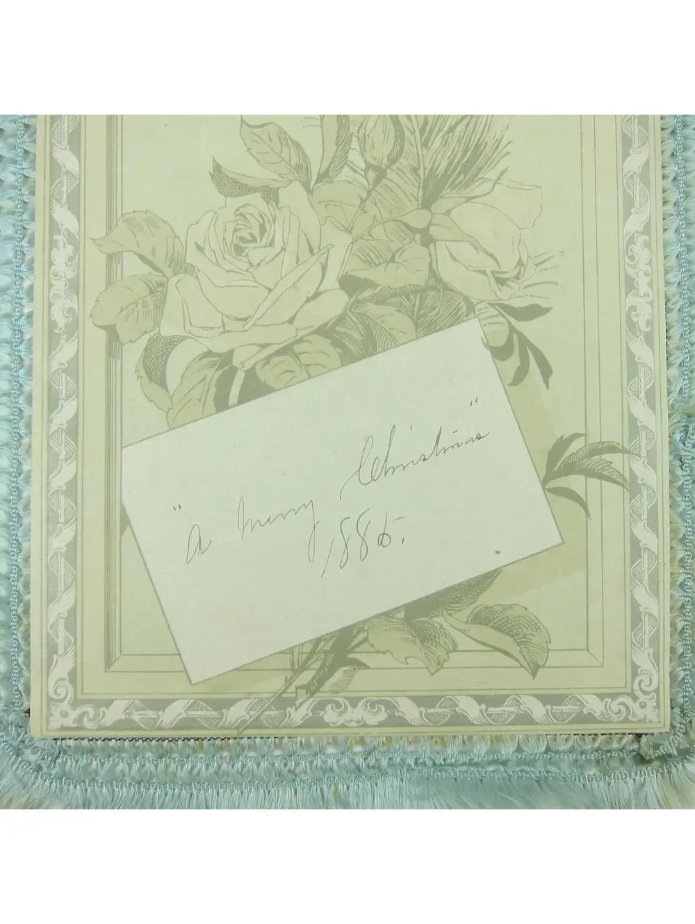Victorian Card XL New Years Flowers Blue Silk Fringe Double Sided Antique 1886